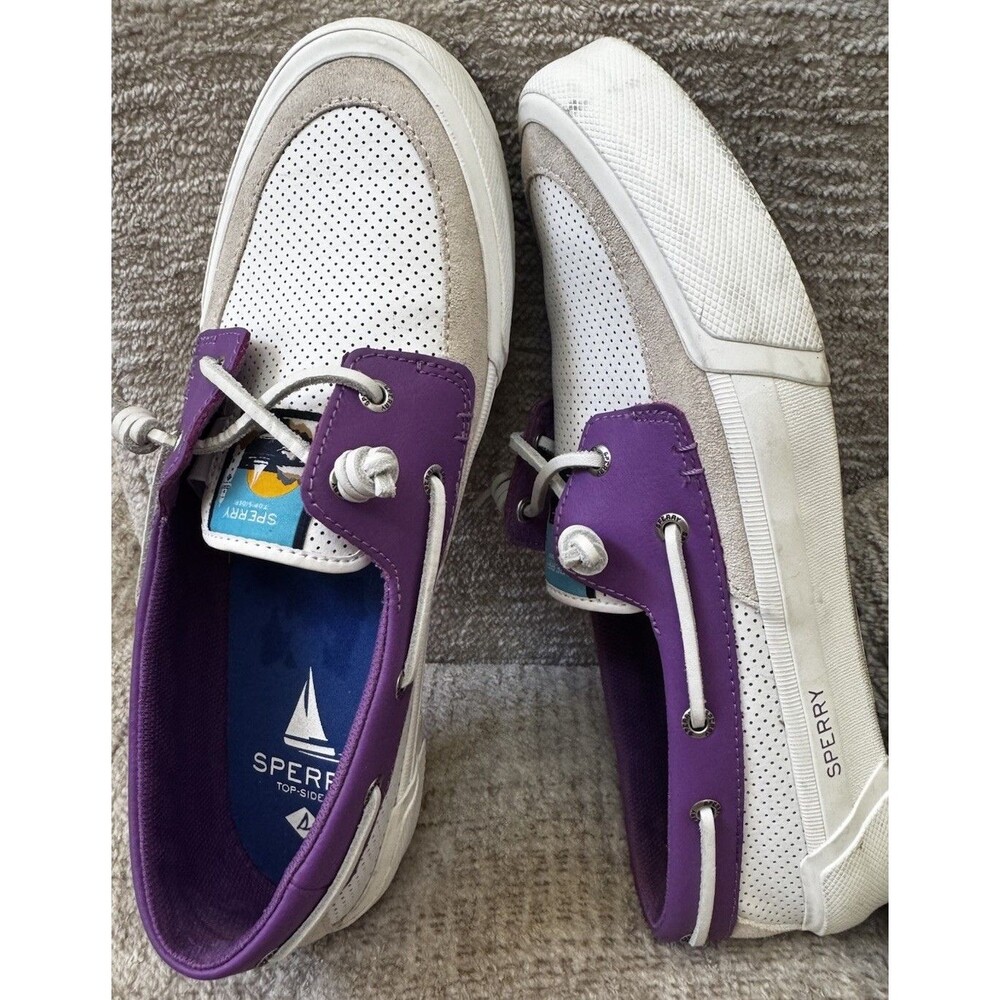 EUC Sperry Top Sider Soletide Womens Boat Shoes White Purple Leather Sz 9.5